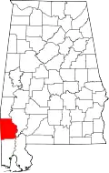 Kort over Alabama med Washington County markeret