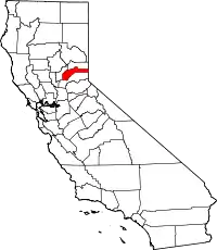 Kort over California med Nevada County markeret