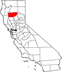 Kort over California med Tehama County markeret