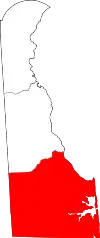 Kort over Delaware med Sussex County markeret