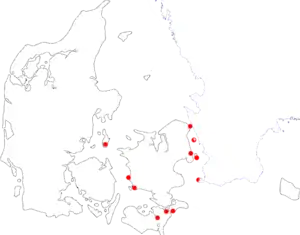 Kort over Danmark med indtegnede steder, hvor der fandt kamphandlinger sted