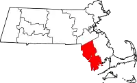 Kort over Massachusetts med Bristol County markeret