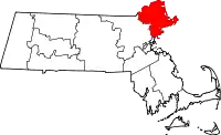 Kort over Massachusetts med Essex County markeret