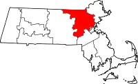 Kort over Massachusetts med Middlesex County markeret