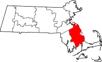 Kort over Massachusetts med Plymouth County markeret