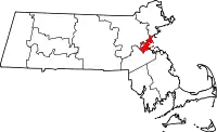 Kort over Massachusetts med Suffolk County markeret