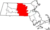 Kort over Massachusetts med Worcester County markeret