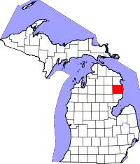 Kort over Michigan med Alcona County markeret
