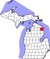 Kort over Michigan med Alpena County markeret