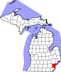 Kort over Michigan med Wayne County markeret