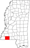 Kort over Mississippi med Amite County markeret