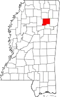 Kort over Mississippi med Chickasaw County markeret