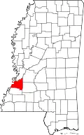 Kort over Mississippi med Claiborne County markeret