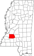 Kort over Mississippi med Copiah County markeret