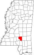 Kort over Mississippi med Covington County markeret