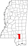 Kort over Mississippi med Forrest County markeret