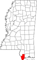 Kort over Mississippi med Hancock County markeret