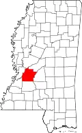 Kort over Mississippi med Hinds County markeret