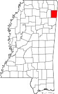 Kort over Mississippi med Itawamba County markeret