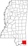 Kort over Mississippi med Jackson County markeret