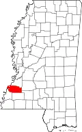 Kort over Mississippi med Jefferson County markeret