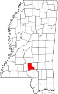 Kort over Mississippi med Jefferson Davis County markeret