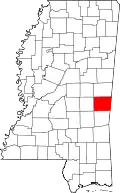 Kort over Mississippi med Lauderdale County markeret