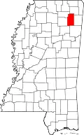 Kort over Mississippi med Lee County markeret