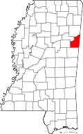 Kort over Mississippi med Lowndes County markeret