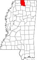 Kort over Mississippi med Marshall County markeret