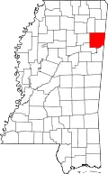 Kort over Mississippi med Monroe County markeret