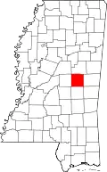 Kort over Mississippi med Neshoba County markeret