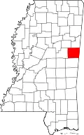 Kort over Mississippi med Noxubee County markeret
