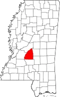 Kort over Mississippi med Rankin County markeret