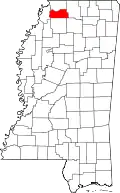Kort over Mississippi med Tate County markeret