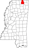 Kort over Mississippi med Tippah County markeret