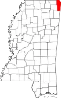 Kort over Mississippi med Tishomingo County markeret