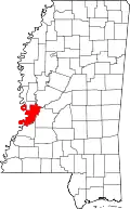 Kort over Mississippi med Warren County markeret