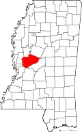 Kort over Mississippi med Yazoo County markeret