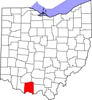 Kort over Ohio med Adams County markeret