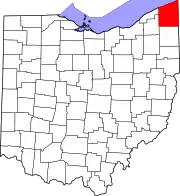 Kort over Ohio med Ashtabula County markeret