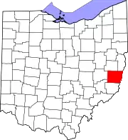 Kort over Ohio med Belmont County markeret