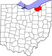 Kort over Ohio med Cuyahoga County markeret