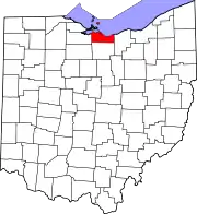 Kort over Ohio med Erie County markeret