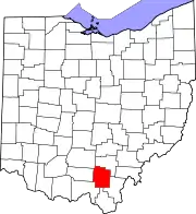 Kort over Ohio med Jackson County markeret
