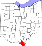 Kort over Ohio med Lawrence County markeret