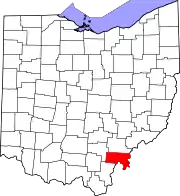 Kort over Ohio med Meigs County markeret