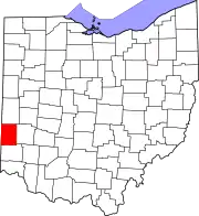 Kort over Ohio med Preble County markeret