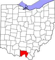 Kort over Ohio med Scioto County markeret