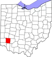 Kort over Ohio med Warren County markeret